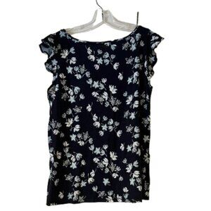 Loft Cap Flutter Sleeve Cotton Tee - Navy Floral - Medium